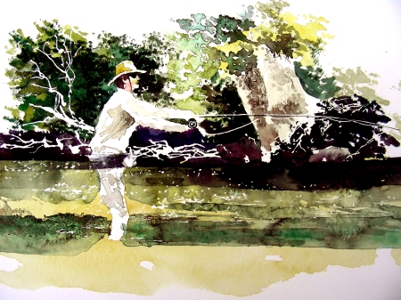 Small Watercolor Sketch of a Fly Fisherman